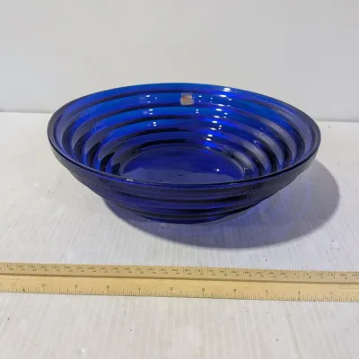 Vintage Blenko Cobalt Blue Pyramid Step Glass Bowl, Great Condition, 12" Diameter - Estate Sales Warehouse (GR)