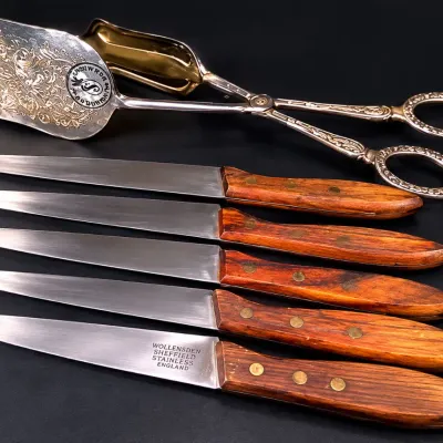 Vintage 6pc Sheffield England Wood Handle Knife Set & Ornate Silver Tone Serving Tongs – Potterville