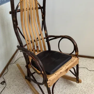 Rustic Hickory Bentwood Rocking Chair with Slatted Back & Cushioned Seat - Lake Odessa Off-Site