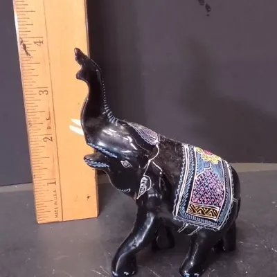 Thai Black Lacquer Hand-Carved Wood Elephant Figurine With A Raised Trunk For Good Luck - Potterville