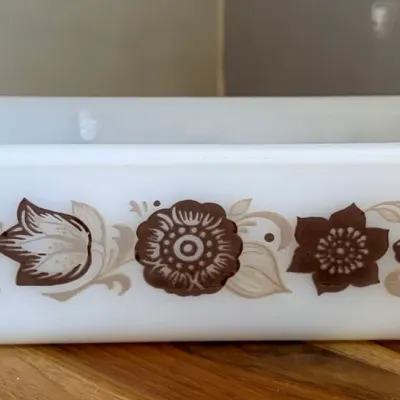 Sale Photo Thumbnail #101: Vintage Glasbake White Milk Glass Loaf Pan w/Brown Floral Tulip Pattern