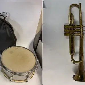 Umi Xylophone, Bundy Trombone, Sound Master Snare Drum, and Vintage Trumpet