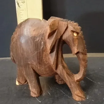 Hand-Carved Wooden Elephant Figurine, Detailed Folk Art Statue, Roughly 3.5 Inches Tall - Potterville