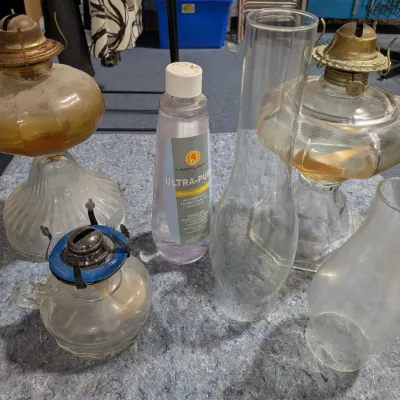 Oil Lamp Lot: 2 Large & 1 Small With 1 Large Glass Shade & 2 Smaller Glass Shades & Oil - Estate Sales Warehouse (GR)