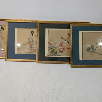 Set 4 Gold Painted Wood Framed Asian Prints: 2 Natural Bird Scenes, 2 Woman Scenes, 15" x 12" - Estate Sales Warehouse (GR)