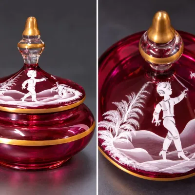 Antique Bohemian Mary Gregory Cranberry Glass Covered Powder Jar White Enamel Boy Gold Gilt - Potterville