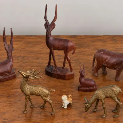 Vintage Mid-Century Hand-Carved Wooden and Brass Animal Figurines