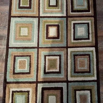 Geometric Rectangular Area Rug - Brown, Sage Green, Tan & Cream Square Pattern - Lake Odessa Off-Site