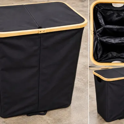 Black Fabric Double Laundry Hamper Basket With Bamboo Frame Lid & Removable Dividers - Potterville