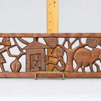 Vintage Hand Carved African Wood Wall Panel Village Scene Elephant Tribal Folk Art - Potterville