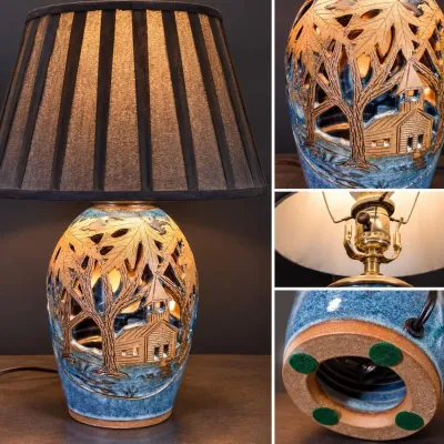 Handcrafted Blue Glazed Table Lamp Pierced Woodland Church Scene with Black Pleated Shade - Potterville