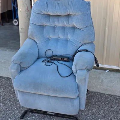 Sale Photo Thumbnail #330: Blue Upholstered Electric Power Lift Recliner Chair with Wired Remote – Estate Sales Warehouse (GR)