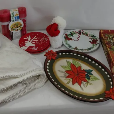 Christmas - Beige Tree Skirt, Cookie Tin, Cookie Press, Platter, Plates, Decorative Boxes
