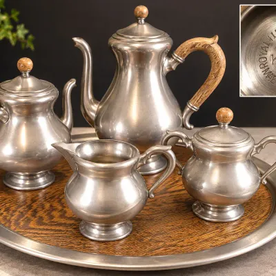 Sale Photo Thumbnail #289: Exceptional Royal Holland KMD Tiel Pewter Coffee Tea Service w/Wood Tray - 5pc – Potterville