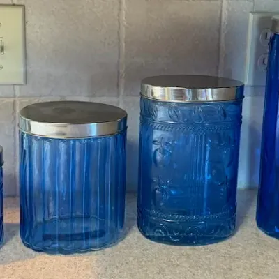 Set of 4 Cobalt Blue Glass Kitchen Canisters with Metal Lids – Lake Odessa Off-Site