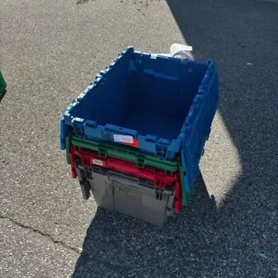 Lot of 4 Medium Attached-Lid Storage Totes - Grey, Red, Green, Blue