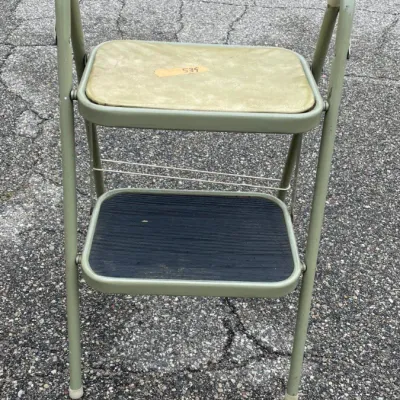 Sale Photo Thumbnail #246: Vintage Sage Green Metal Folding Step Stool Chair, 32" Tall