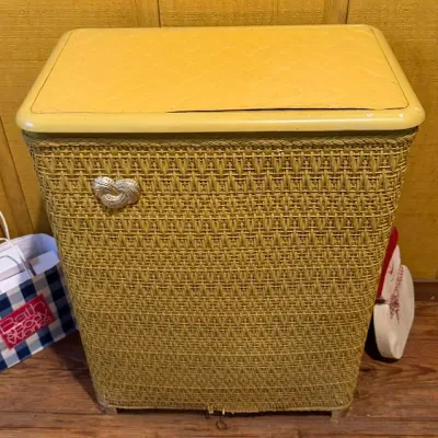 Vintage-Style Yellow Wicker Storage Hamper with Hinged Lid & Decorative Metal Pull - Lake Odessa Off-Site