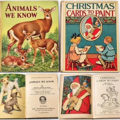2 Vintage Children's Books 1950 Animals We Know & M.W. Tarrant Christmas Cards to Paint - Potterville