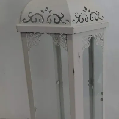 Tall White Metal and Glass Lantern