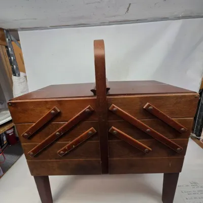 Vintage Wooden Sewing Box Packed w/ Buttons, Threads, And More!