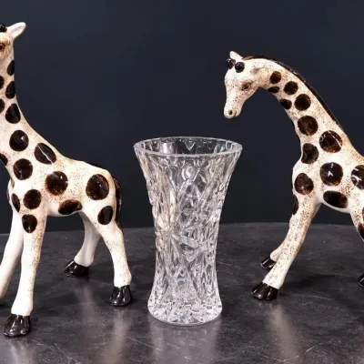 Vintage Lefton Style Spotted Ceramic Giraffe Figurine Pair & Cut Crystal Glass Vase 3pc Lot - Potterville