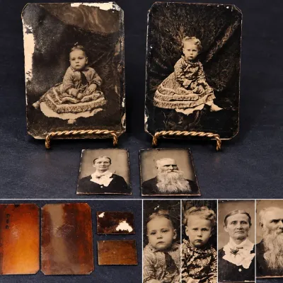 Sale Photo Thumbnail #286: Antique Victorian Family Tintype Photo Group 4 Portraits Possible Hidden Mother – Potterville