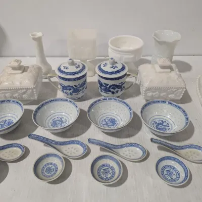 Vintage Milk Glass Dishes & Vases With Chinese Ceramic Bowls & Cups Set - Estate Sales Warehouse (GR)