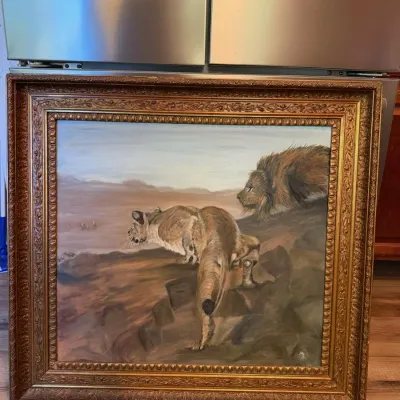 Large Signed Original Lion & Lioness Painting in Ornate Gilt Floral Frame – Howard City Off-Site