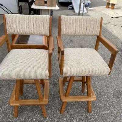 Pair of Oak Bar Stools with Arms, Oatmeal Tweed Upholstered Seat and Back, Footrest Base (2)