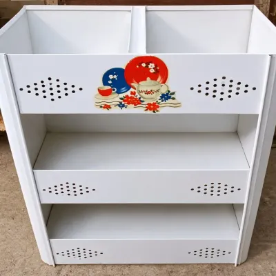 Retro White Metal Three Tier Kitchen Vegetable Storage Rack Bin Featuring Teapot Floral Motif Decor - Potterville
