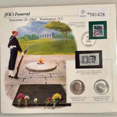 JFK's Funeral Collection with Two 1964 Silver Kennedy Half Dollars