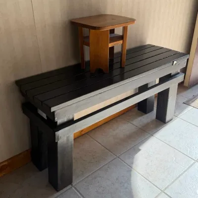 Rustic Wooden Slat Bench with Black and Gray Finish & Small Wooden Step Stool - Lake Odessa Off-Site