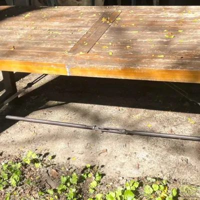 Wooden Top Patio Dining Table with Metal Legs and Turnbuckle Support Tensions - Grand Rapids Off-Site