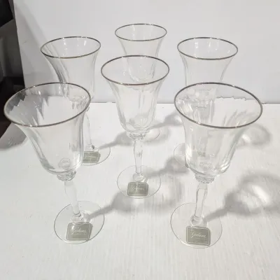 Gorham Set 6 Grand Manor Platinum Wine Glasses, Blown Crystal Glass, Platinum Trim 8 3/8"H x 3 1/2"W - Estate Sales Warehouse (GR)