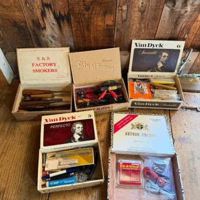 Assorted Cigar Boxes with Hand Tools, Electrical Testers & Hardware Lot – Howard City Off-Site