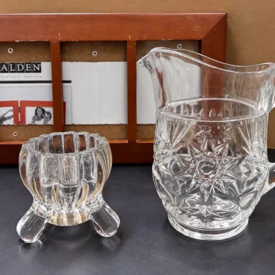 3 Pc Glass Pitcher, Footed Votive Candle Holder & Malden Triple Wood Picture Frame – Potterville