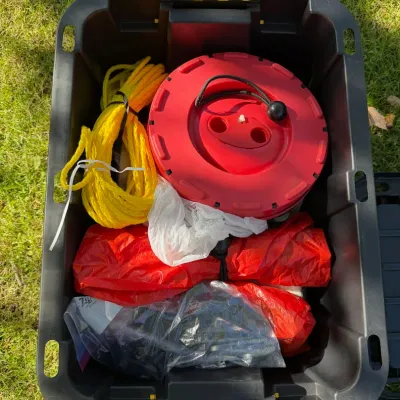 Tow Rope, Extension Cord Reel, Tarps & Utility Supplies in 27-Gallon Storage Tote - Howard City Off-Site
