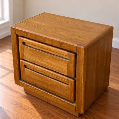 Vintage Stanley Two-Drawer Oak Nightstand or Side Table