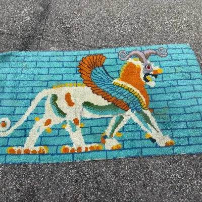 Vintage Latch Hook Rug, Ancient Winged Griffin on Turquoise Brick Wall Design