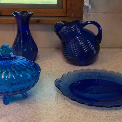 Cobalt & Blue Art Glass Lot - Pitcher, Vase, Covered Dish & Mount Vernon Plate – Lake Odessa Off-Site