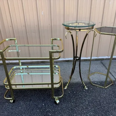 Set of 3 Vintage Brass Finished Glass Top Tables