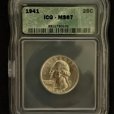 High Grade ICG Graded Certified MS67 1941 Beautifully Toned Silver Washington Quarter