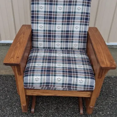Sale Photo Thumbnail #209: Vintage Mission Style Rocking Chair w/ Plaid and Flower Cushions