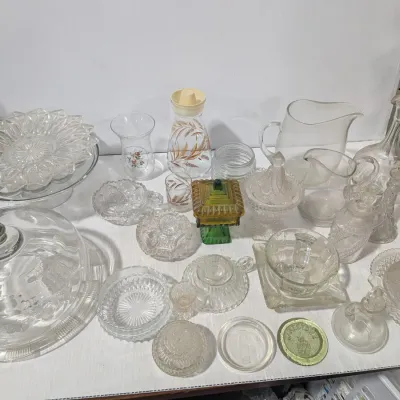 Large Glass Dish & Decor Lot: Trinket Dishes, Pitchers, Bottles W/Stoppers, (2 Boxes) - Estate Sales Warehouse (GR)