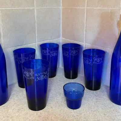 Cobalt Blue Glass Drinkware & Bottle Lot - 5 Tumblers, 2 Bottles & Small Glass – Lake Odessa Off-Site