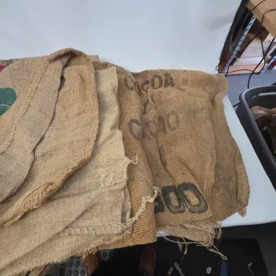Collection of 8 Vintage Burlap Advertising Bags