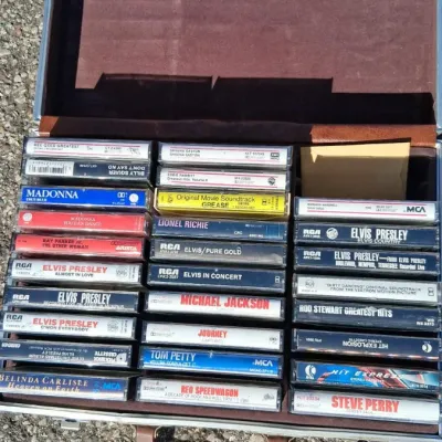 Vintage Leather Briefcase full of Vintage Cassette Tapes