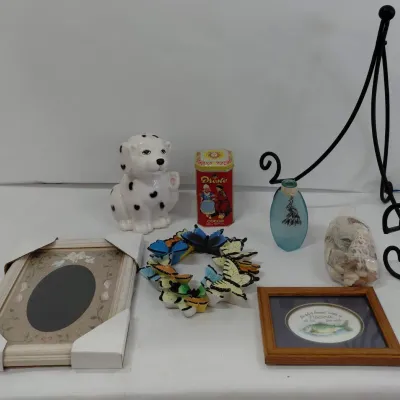 Decorative Lot - Tin, Vase, Seashells, Butterfly Decor, Toilet Brush Holder, Prints, Metal Easel