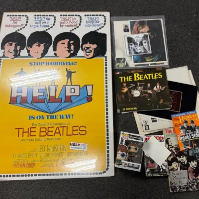 The Beatles Memorabilia Lot: 1991 Help! Poster, John Lennon Funko Pop 246, VHS, Books & Photos